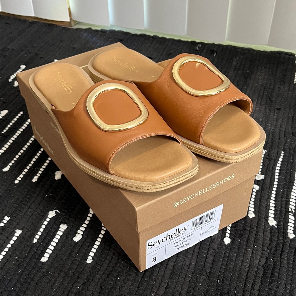 Seychelles Tan Slides with Gold Detail